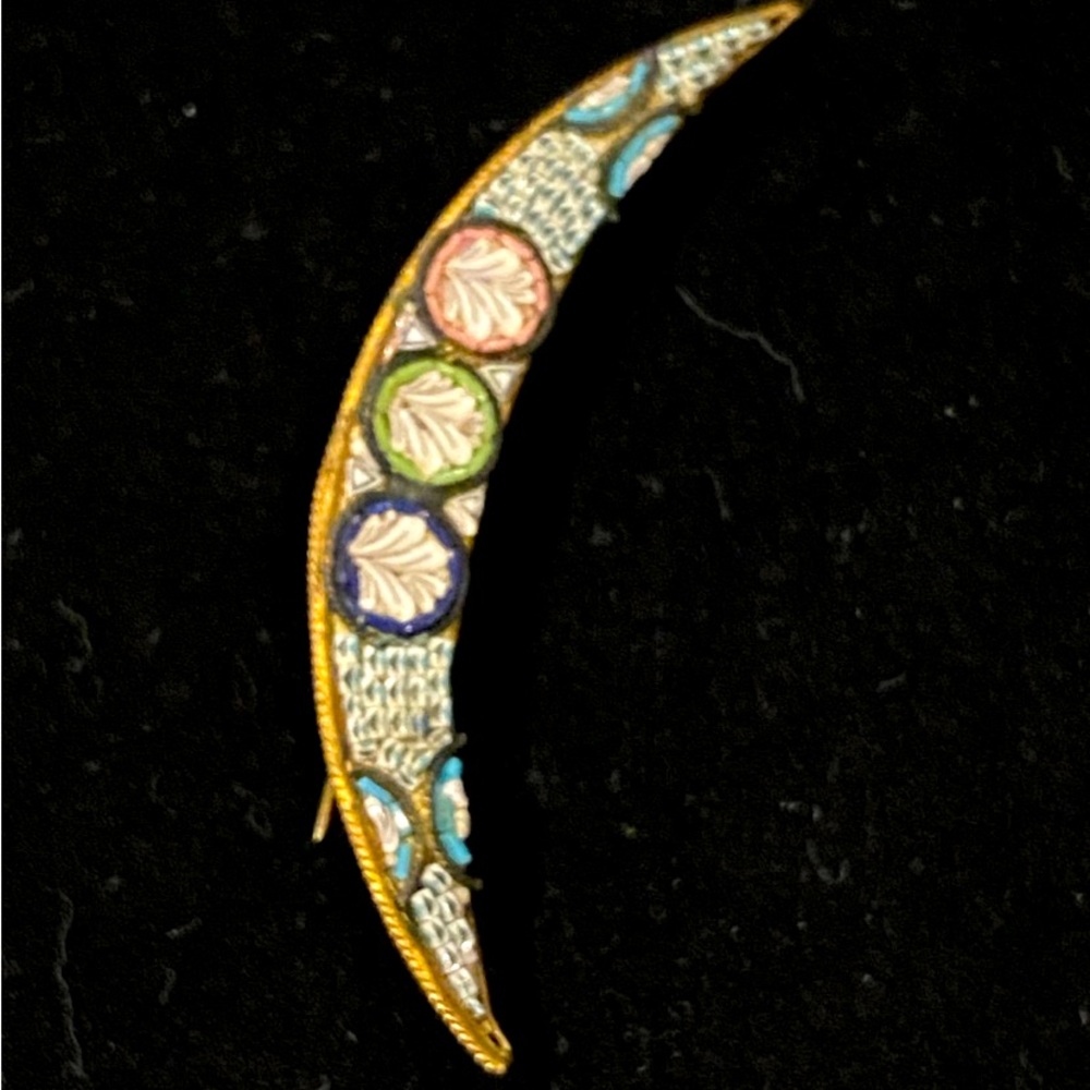 Vintage Micro Mosaic Crescent Moon Brooch Pin